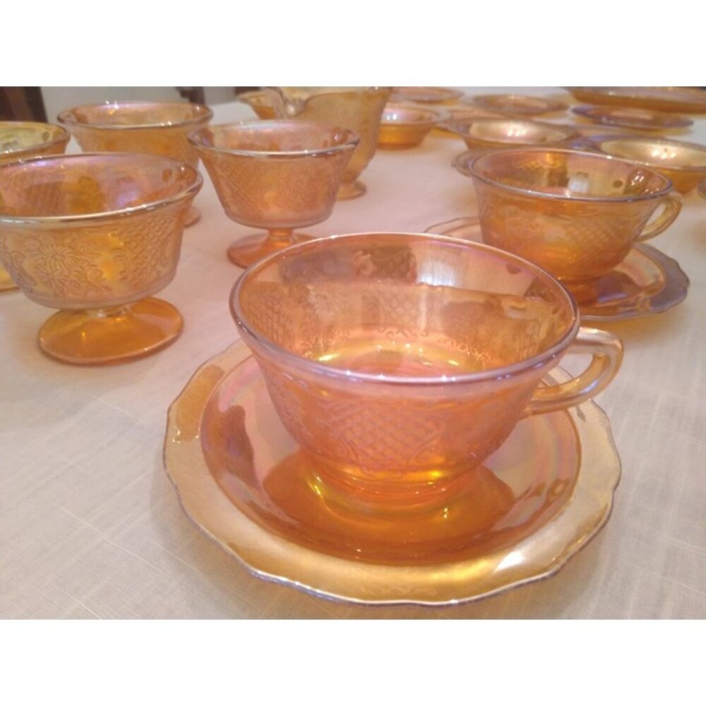 Vintage Iridescent Marigold Orange Carnival Glass Set